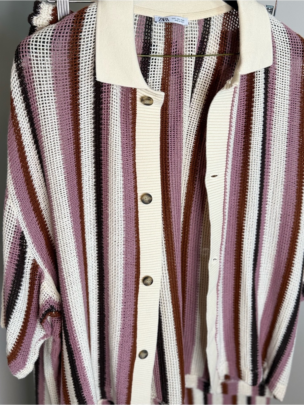Zara Striped Button-Front Knit shirt and pants set - Cream, Pink & Brown - Picture 6 of 11